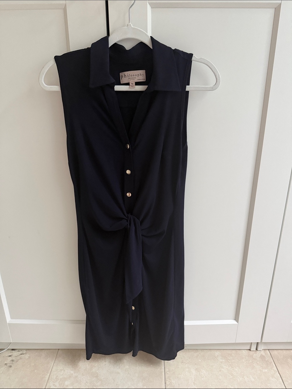 Philosophy navy sleeveless button-front tie-waist midi dress.
